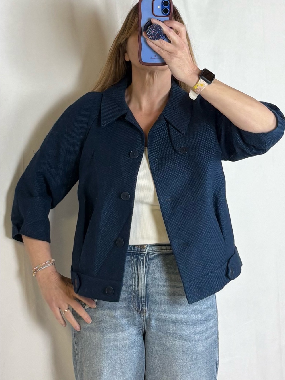 Kate Hill Navy Textured Cropped Blazer
